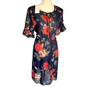NWT YUNA Cotton Blend Navy Red Floral Knee Length Dress Women's S / M